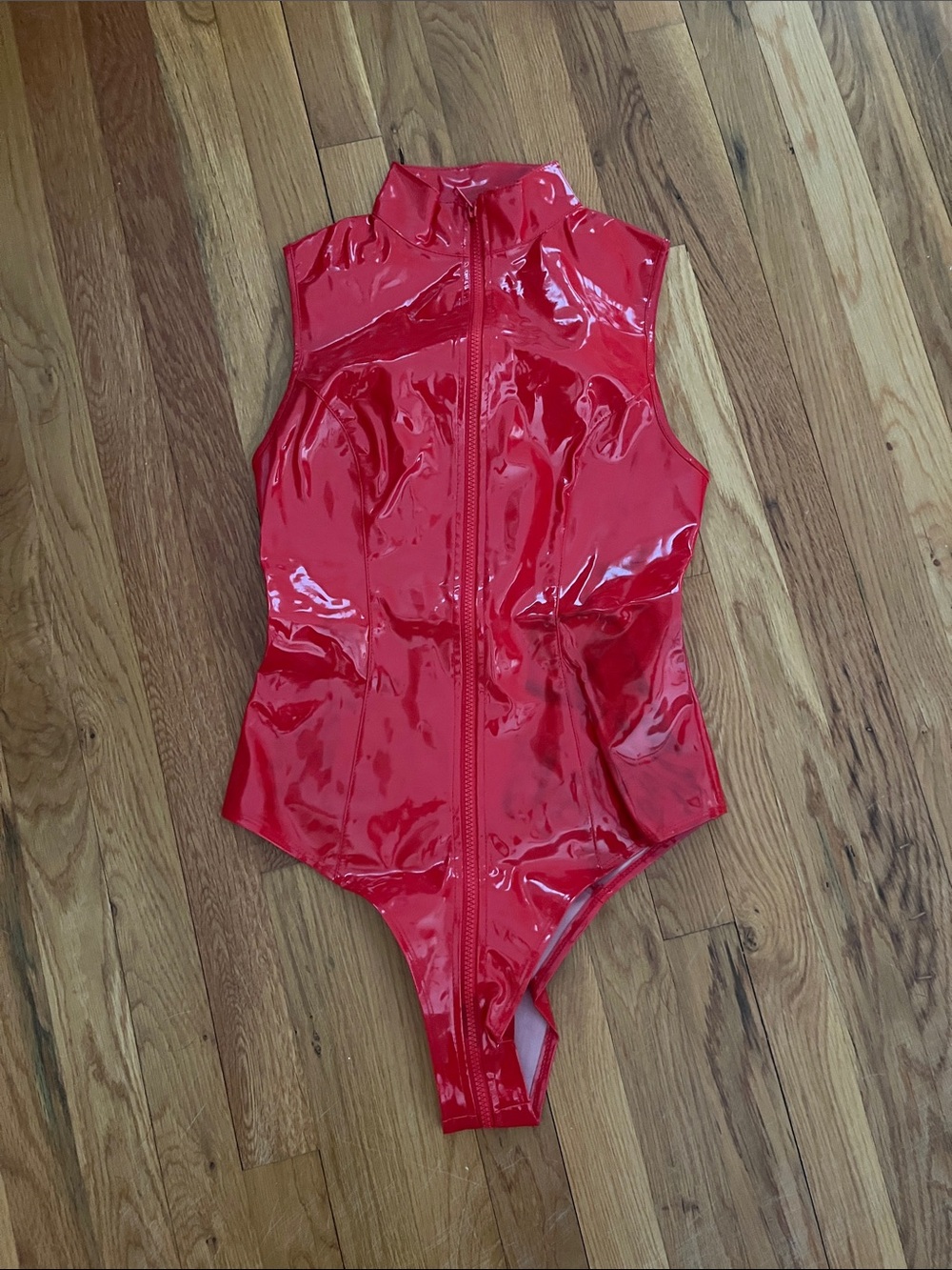 Red Pleather Vinyl Sleeveless One-Piece Zipper Bodysuit - Stained